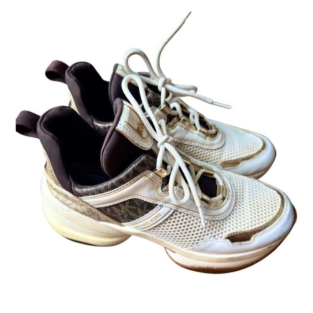 Michael Kors White Gold MK Monogram Chunky Mesh Leather Sneakers Shoes Women 9M